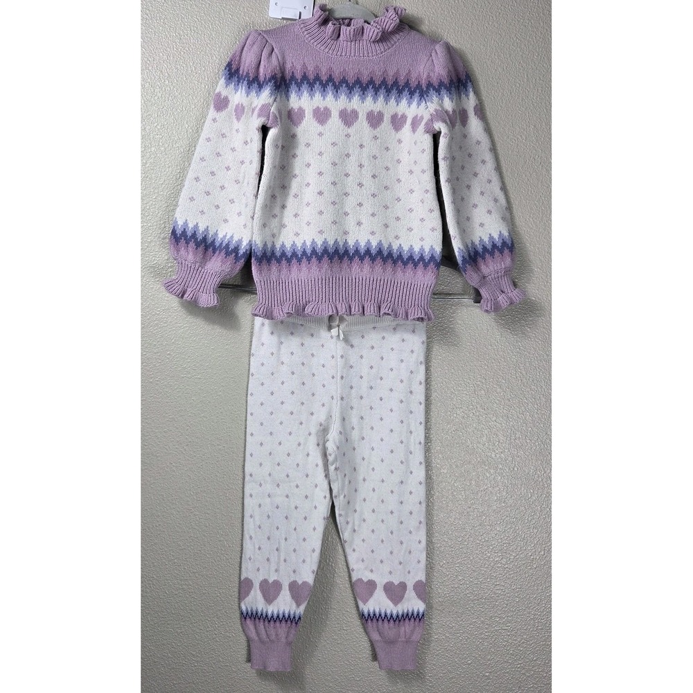 Janie and Jack Fair Isle Sweater Legging Set Size 3 Pink Hearts Knit Outfit